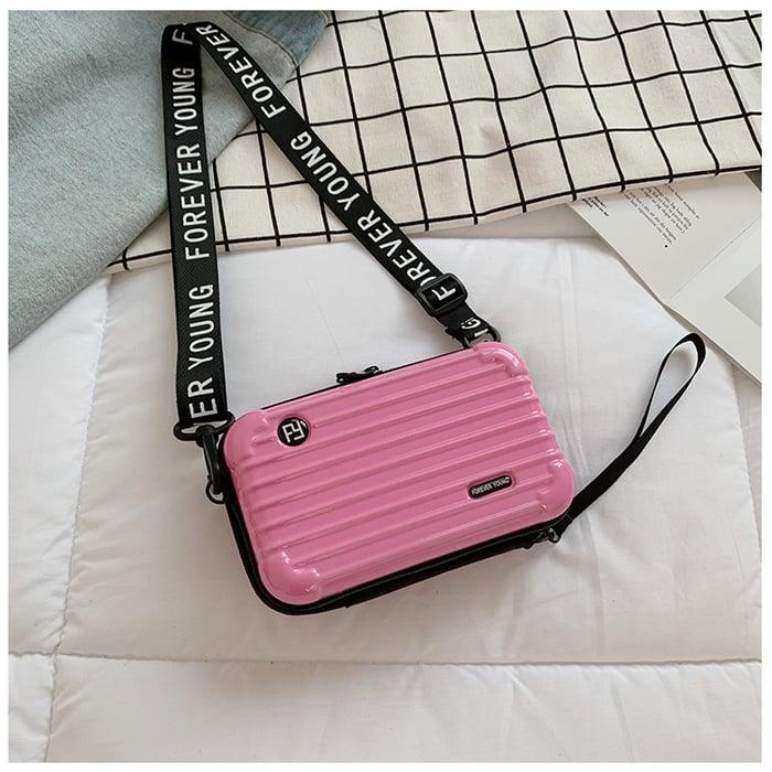 Rosa Mini-Koffer-Handtasche für Damen, Forever Young, mit Schulterriemen, modisch, kompakt.