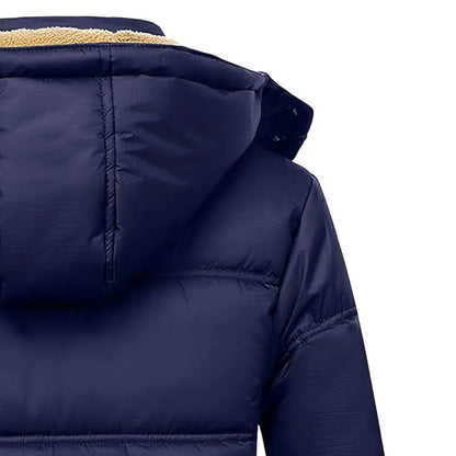 Dunkelblauer Daunenmantel mit Kapuze, Winterjacke, warm, wasserabweisend, Herrenmode.