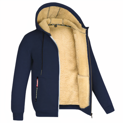 Dunkelblaue Herren-Fleecejacke mit Kapuze, Reißverschluss und beigem Innenfutter.