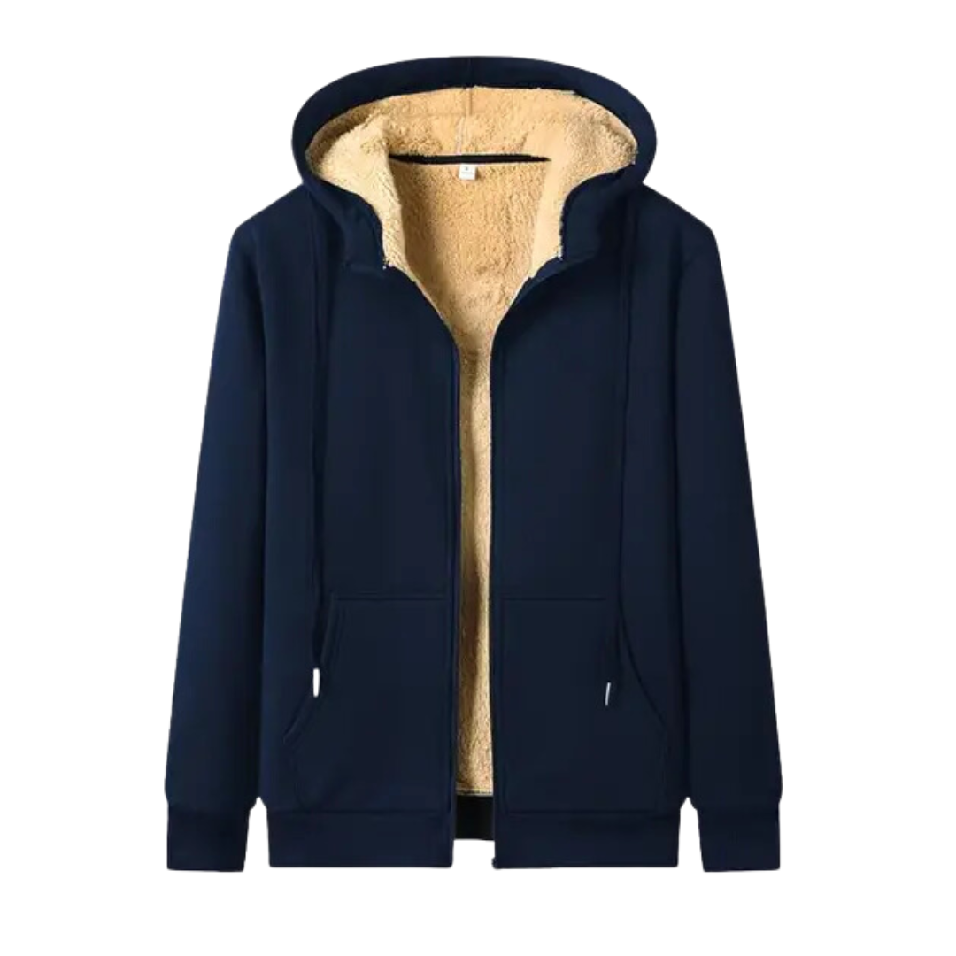 Dunkelblauer Kapuzenpullover mit beigem Fleecefutter, Reißverschluss, Taschen, Unisex-Mode.