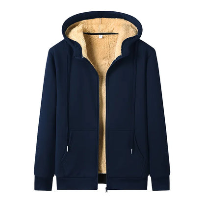Dunkelblauer Kapuzenpullover mit beigem Fleecefutter, Reißverschluss, Herrenmode.