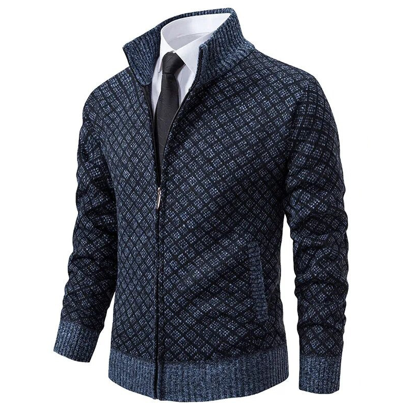 Dunkelblauer Herren-Strickjacke mit Muster, Reißverschluss, eleganter Stil, Anzughemd und Krawatte.