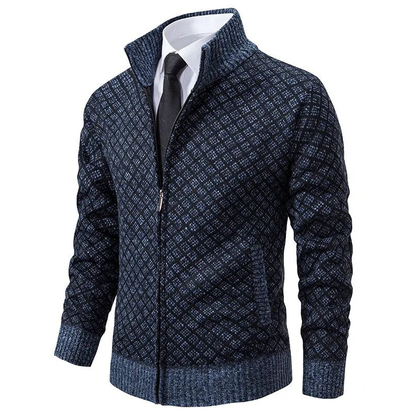 Dunkelblauer Herren-Strickjacke mit Muster, Reißverschluss, eleganter Stil, Anzughemd und Krawatte.