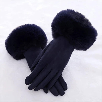 Dunkelblaue Damenhandschuhe mit Kunstfell, elegant, warm, Wintermode, Accessoire.
