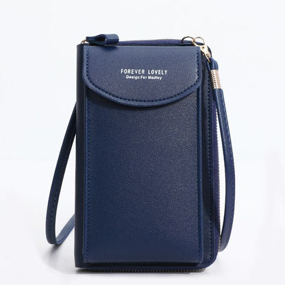 Dunkelblaue Lederhandytasche mit Reißverschluss und Trageriemen, elegant und praktisch.
