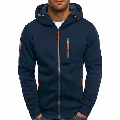 Dunkelblaue Herren-Softshelljacke mit Kapuze, Reißverschlüssen, Outdoor-Bekleidung.