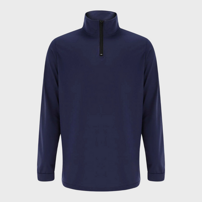 Dunkelblauer Herrenpullover mit Reißverschluss, langärmelig, aus Baumwolle, modisch.