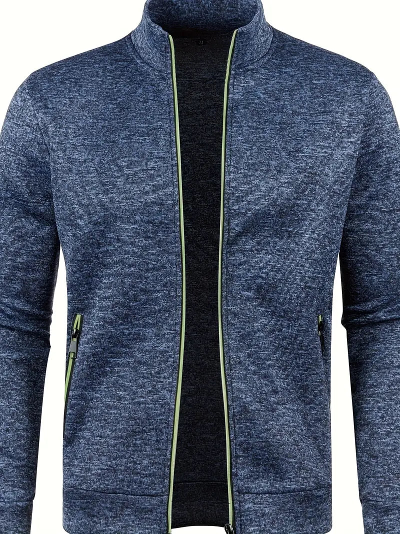 Dunkelblaue Herrenjacke mit Reißverschluss, Stehkragen, sportlich, bequem, Freizeitmode.