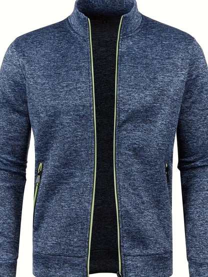 Dunkelblaue Herrenjacke mit Reißverschluss, Stehkragen, sportlich, bequem, Freizeitmode.