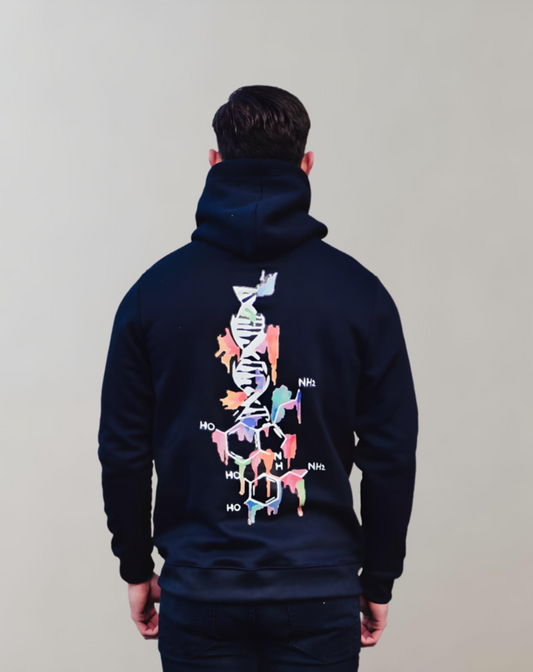 Dunkelblauer Hoodie mit buntem DNA-Muster, Baumwolle, Unisex, modisch, bequem.