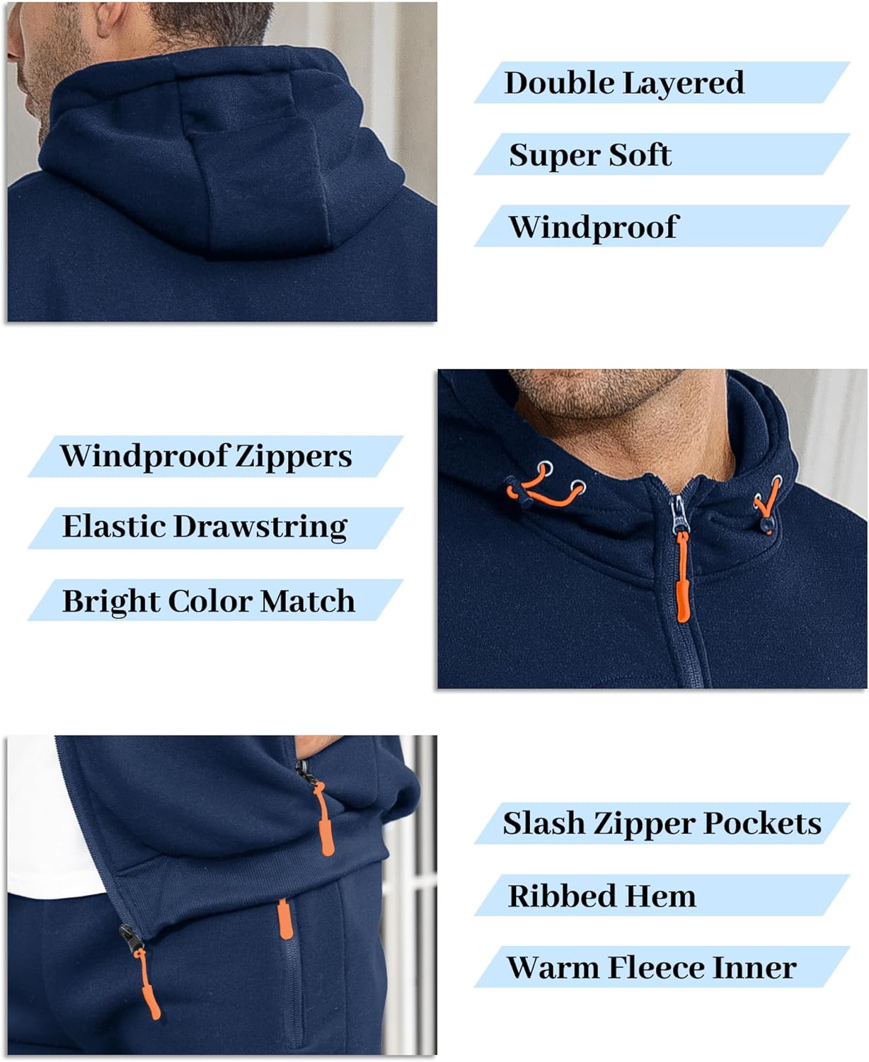 Dunkelblauer Herren-Hoodie, winddicht, doppellagig, mit Reißverschlusstaschen und Kapuze.
