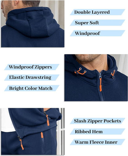 Dunkelblauer Herren-Hoodie, winddicht, doppellagig, mit Reißverschlusstaschen und Kapuze.