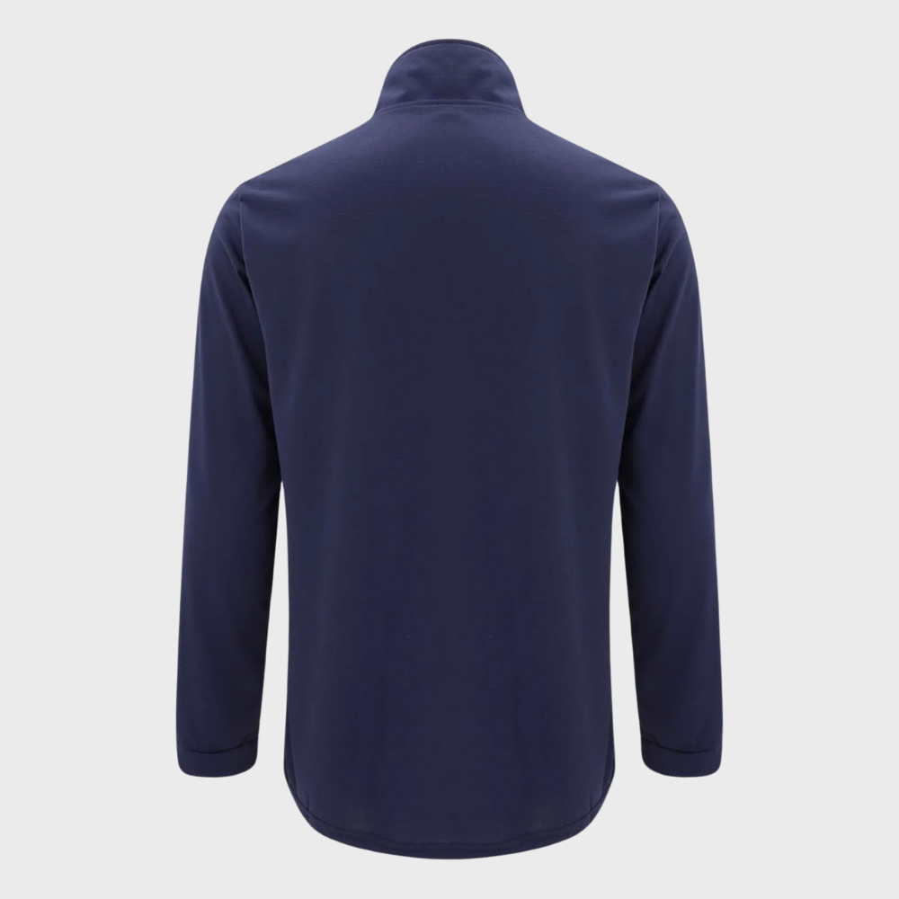 Dunkelblaues Herren-Poloshirt, langärmelig, Rückansicht, Baumwolle, Freizeitmode.
