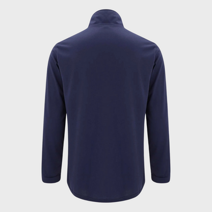 Dunkelblaues Herren-Poloshirt, langärmelig, Rückansicht, Baumwolle, Freizeitmode.