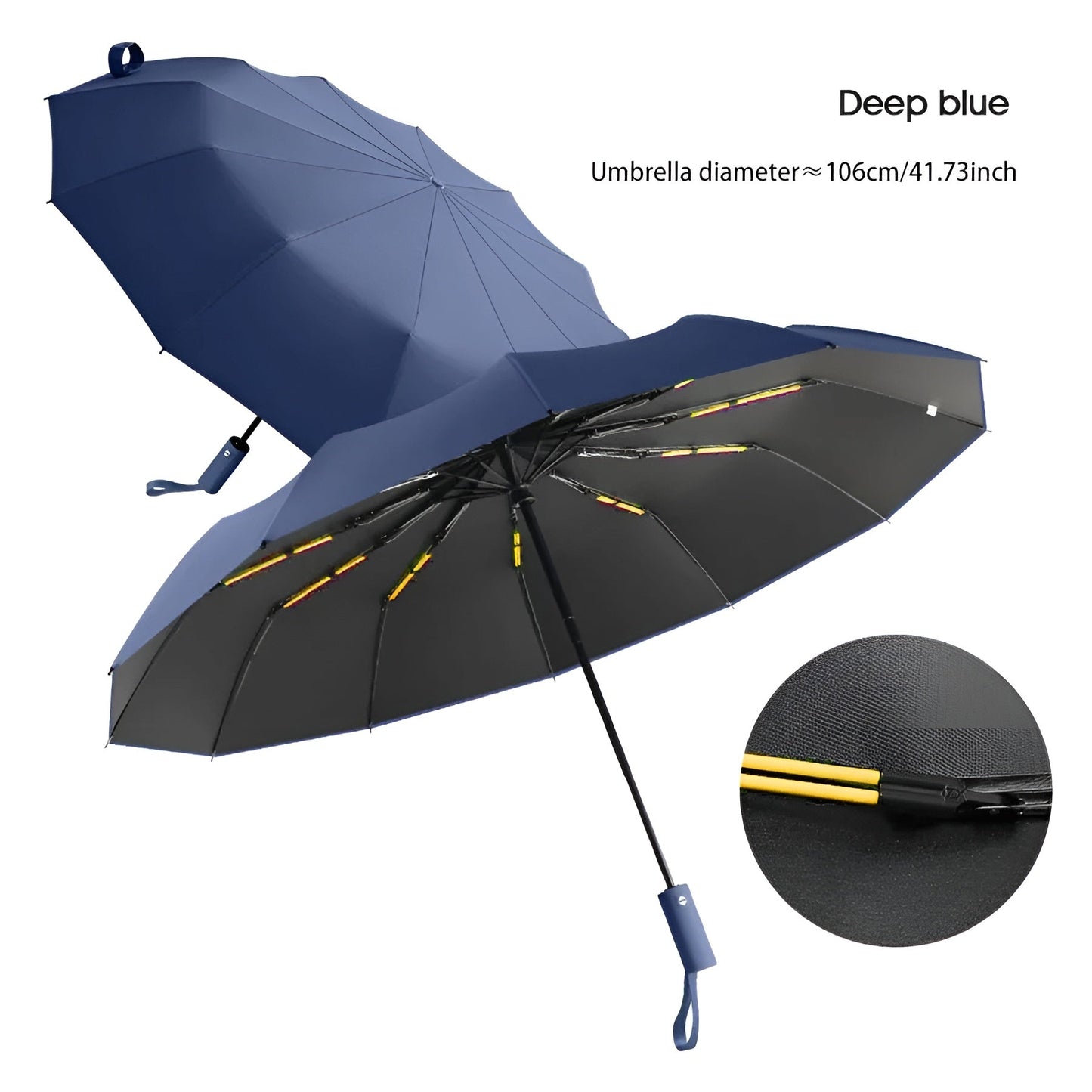 Dunkelblauer Regenschirm, 106 cm Durchmesser, winddicht, faltbar, ergonomischer Griff.