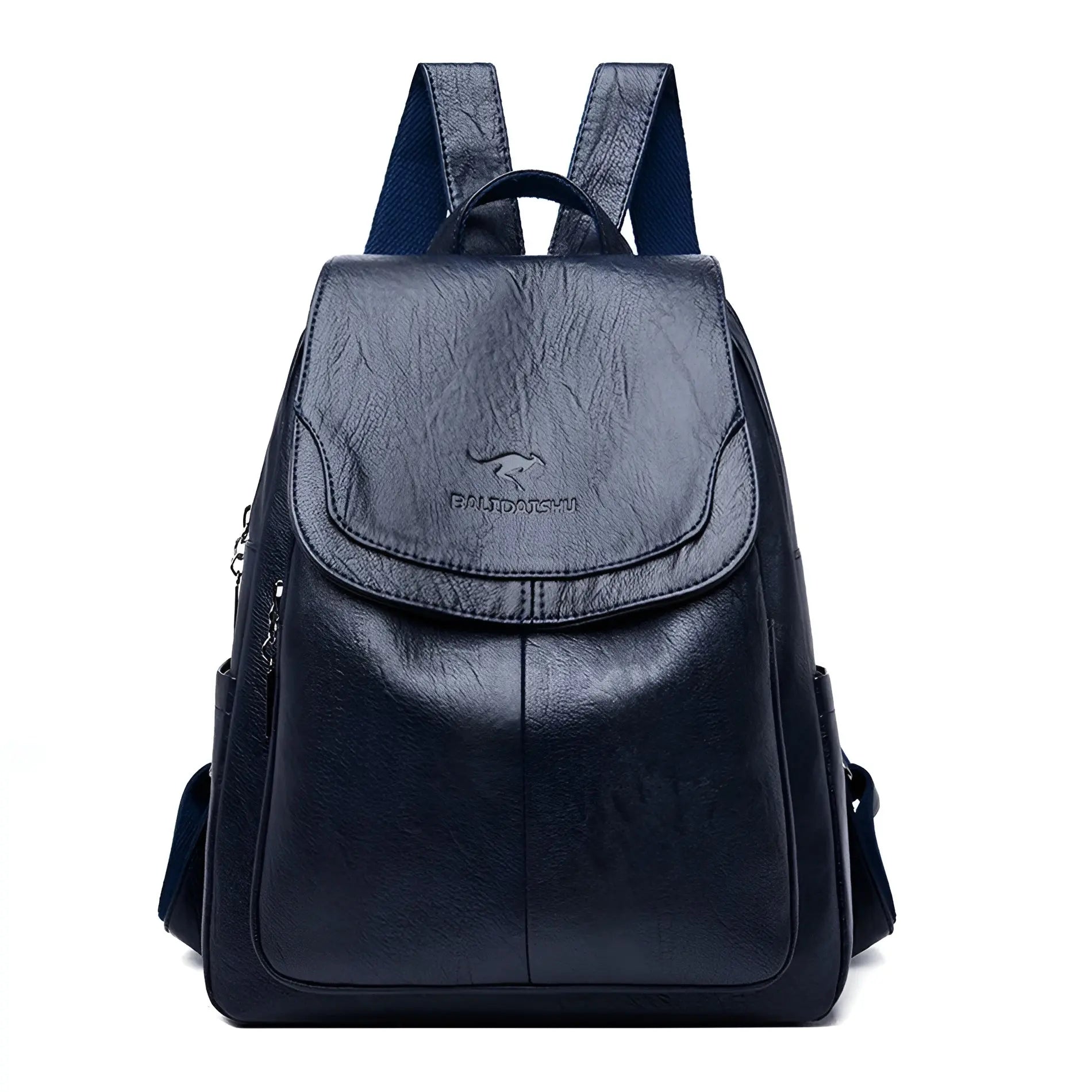 Dunkelblauer Lederrucksack, modisch, strapazierfähig, ideal für Reisen und Alltag.