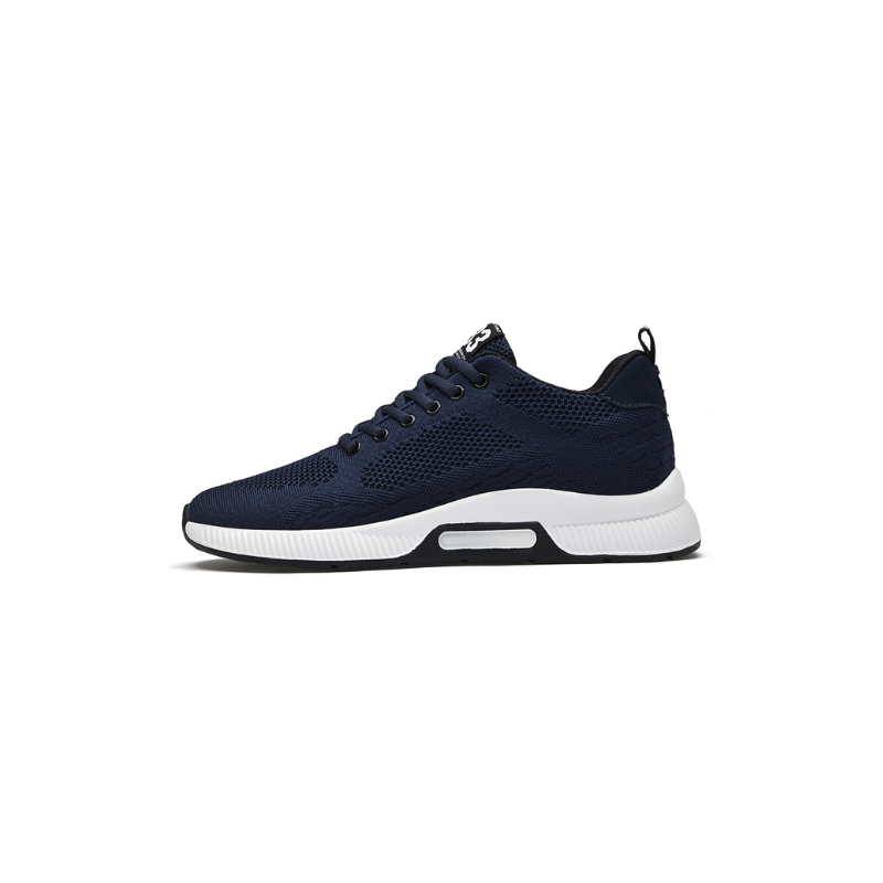 Dunkelblauer Sneaker, Herren, atmungsaktives Mesh, weiße Sohle, sportlich, modisch.