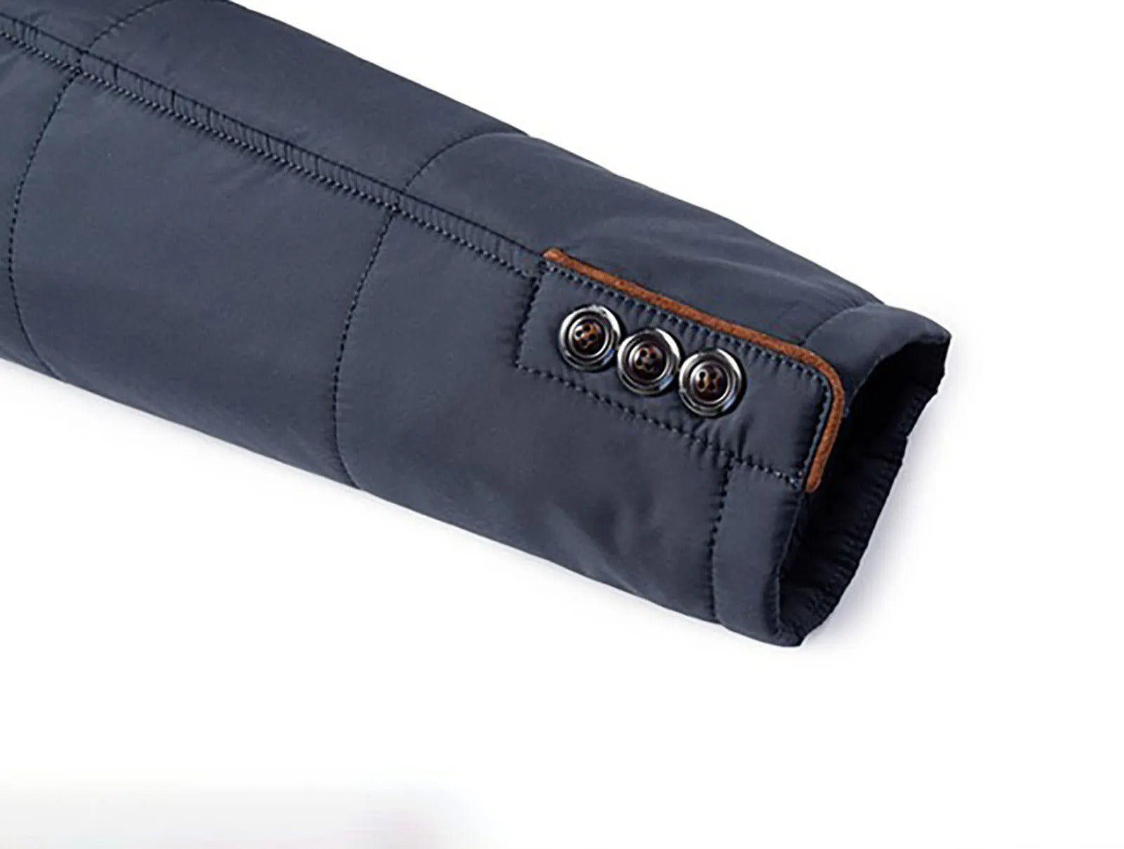 Dunkelblaue Daunenjacke Ärmel mit Knöpfen, gesteppter Stoff, Wintermode Herrenbekleidung.