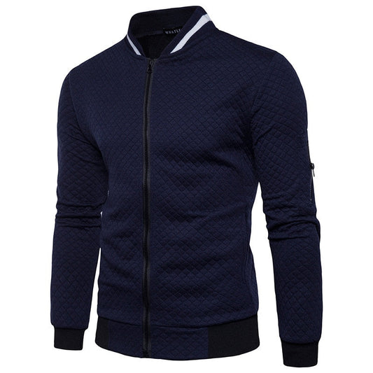 Dunkelblaue Herren-Bomberjacke, gesteppter Stoff, Reißverschluss, modisch, lässig.