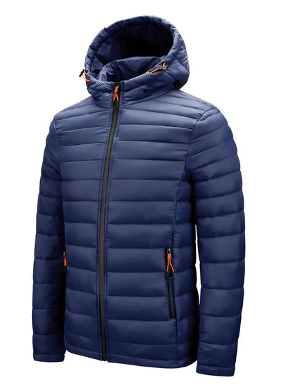 Dunkelblaue Herren-Daunenjacke mit Kapuze, Reißverschlüssen, warm, wasserabweisend.