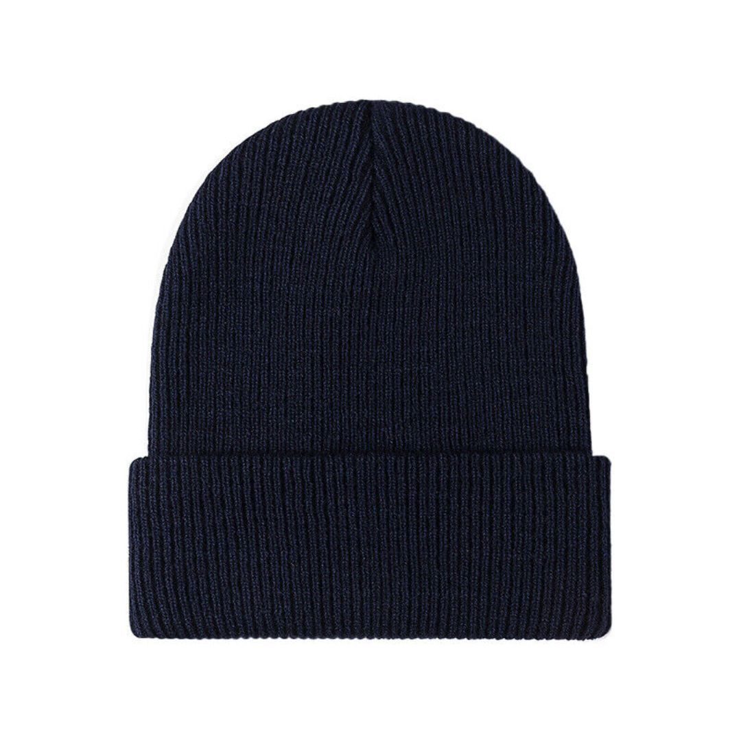 Dunkelblaue Strickmütze aus Wolle, Unisex, warm, modisch, Winteraccessoire, hochwertig.