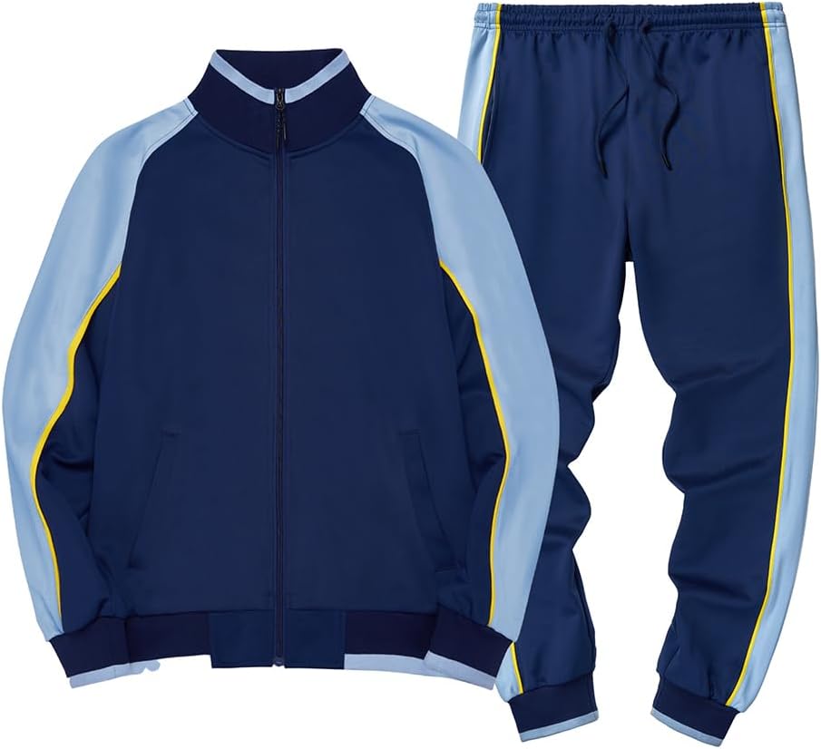 Blauer Trainingsanzug für Herren, zweifarbig, mit gelben Akzenten, Sportbekleidung.