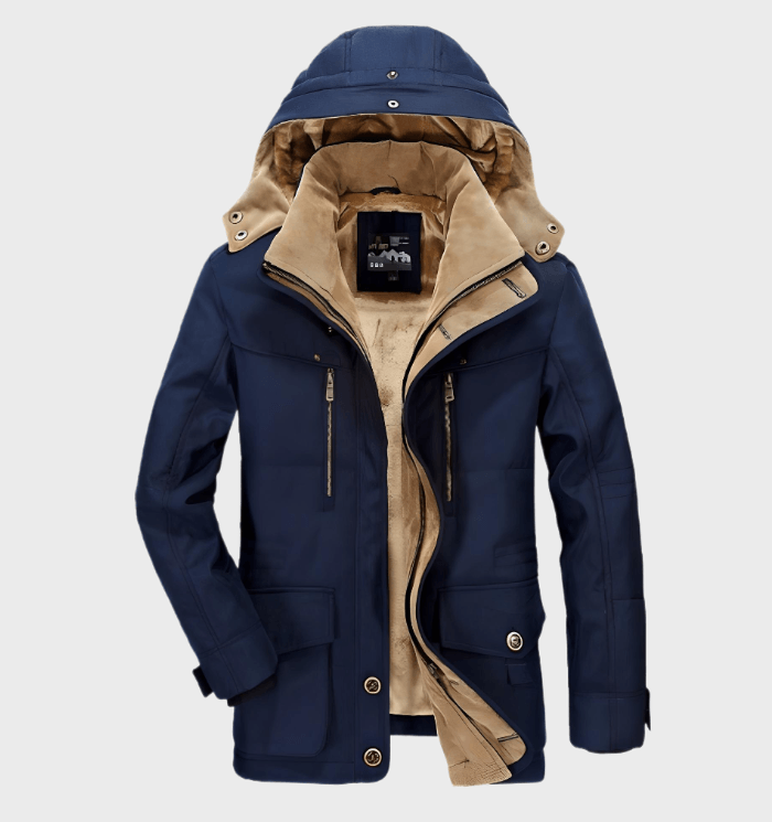 Dunkelblaue Herrenjacke mit Kapuze, Reißverschlüssen und beigem Innenfutter, Wintermode.