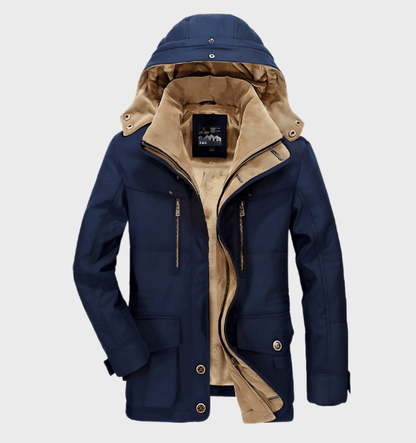 Dunkelblaue Herrenjacke mit Kapuze, Reißverschlüssen und beigem Innenfutter, Wintermode.