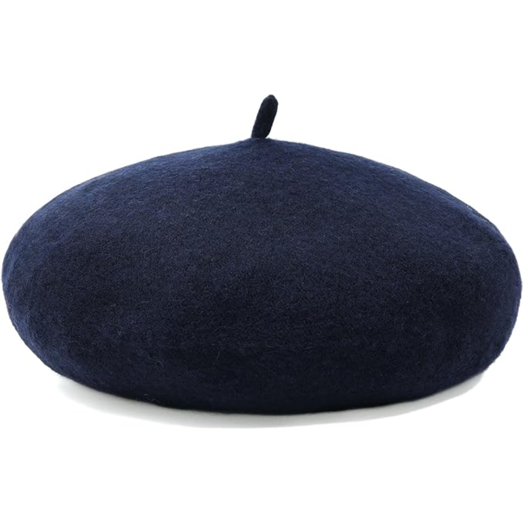 Dunkelblaue Woll-Baskenmütze, klassisches Design, modisches Accessoire, Unisex.