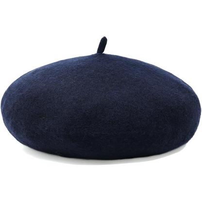 Dunkelblaue Woll-Baskenmütze, klassisches Design, modisches Accessoire, Unisex.