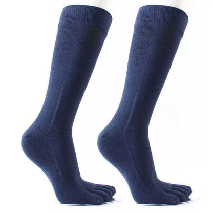 Dunkelblaue Zehensocken aus Baumwolle, knielang, atmungsaktiv, für Damen und Herren.