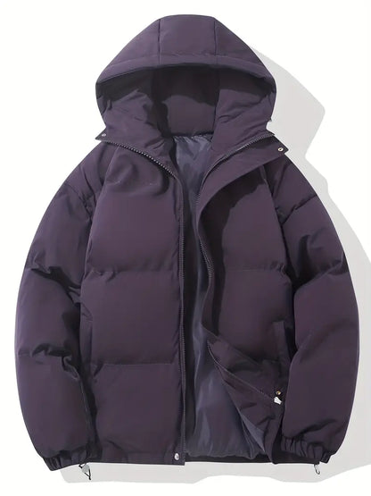 Dunkelblaue Daunenjacke mit Kapuze, Reißverschluss, warm, Wintermode, Herrenbekleidung.