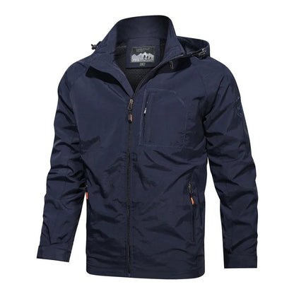 Dunkelblaue Herrenjacke mit Kapuze, Reißverschluss, wasserabweisend, Outdoor-Bekleidung.