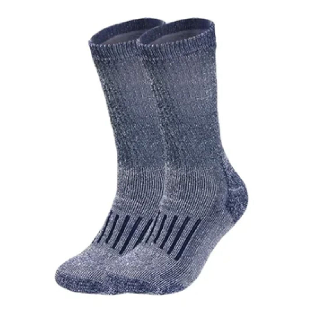 Blaue Thermosocken aus Wolle, warm, atmungsaktiv, ideal für Outdoor-Aktivitäten.