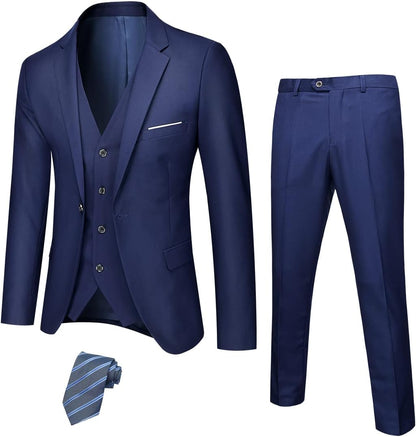 Dunkelblauer Herrenanzug mit Weste, Hose und gestreifter Krawatte, elegantes Business-Outfit.