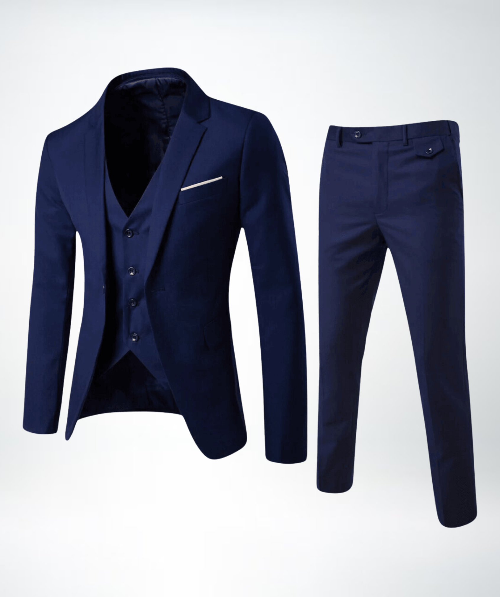 Dunkelblauer Herrenanzug mit Weste und Hose, elegantes Design, formelle Kleidung.