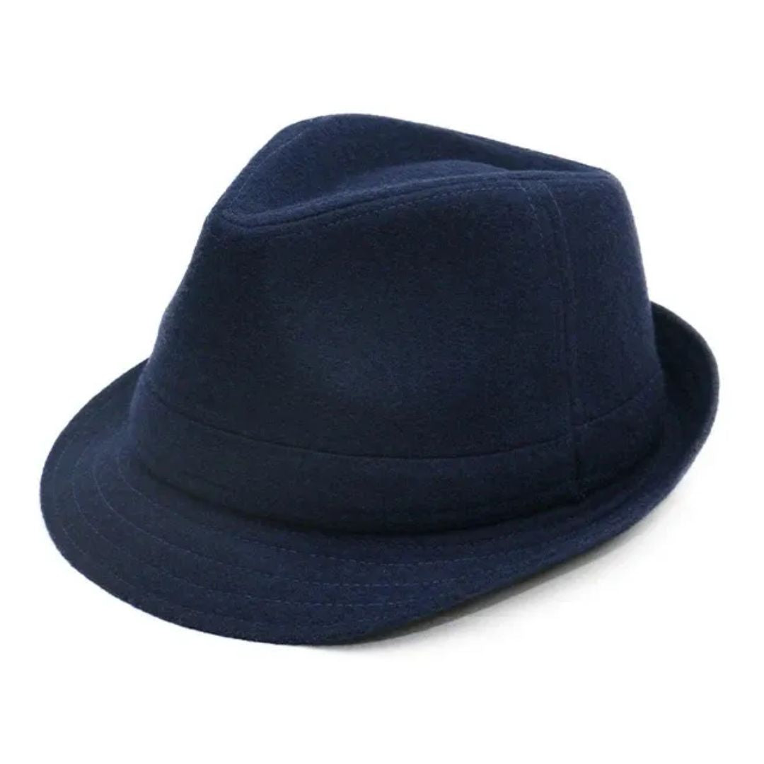 Dunkelblauer Filzhut, klassischer Fedora-Stil, modisches Accessoire für Herren und Damen.