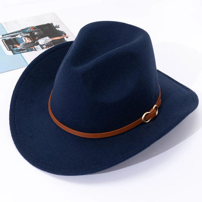 Dunkelblauer Filzhut mit braunem Band, Cowboy-Stil, modisches Accessoire, Unisex-Hut.