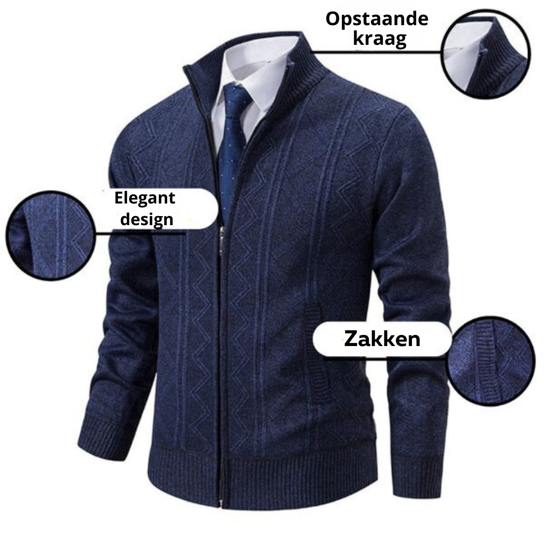 Dunkelblauer Herren-Fleece-Pullover mit Reißverschluss, Stehkragen, elegantes Design, Taschen.