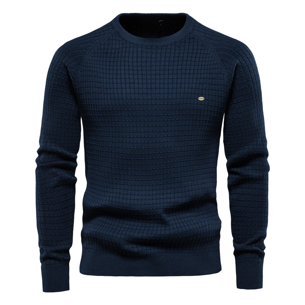 Dunkelblauer Herrenpullover, 100% Baumwolle, O-Ausschnitt, Strickmuster, Wintermode.