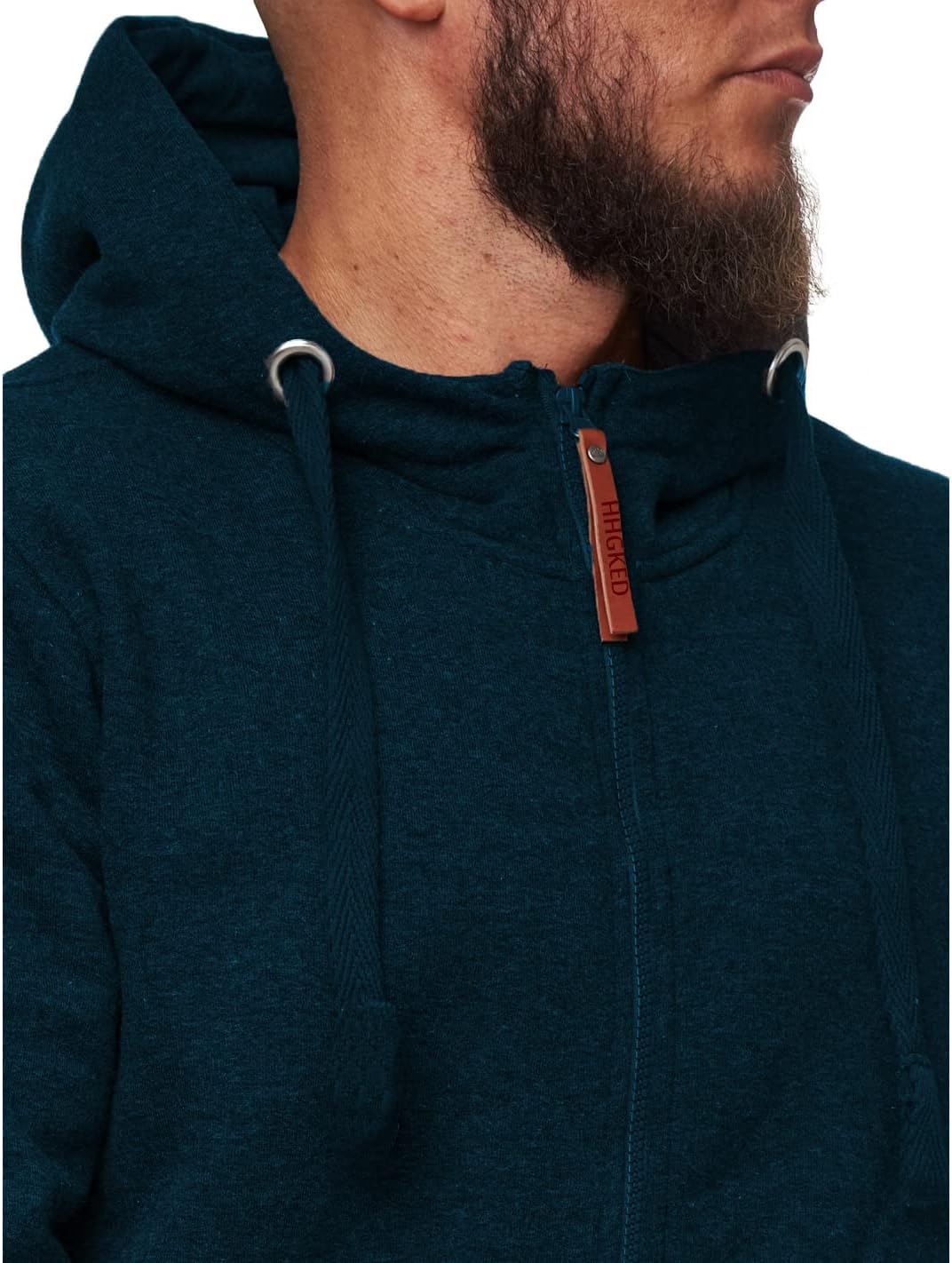 Dunkelblauer Herren-Hoodie mit Reißverschluss, Kapuze und Kordelzug, lässige Freizeitmode.