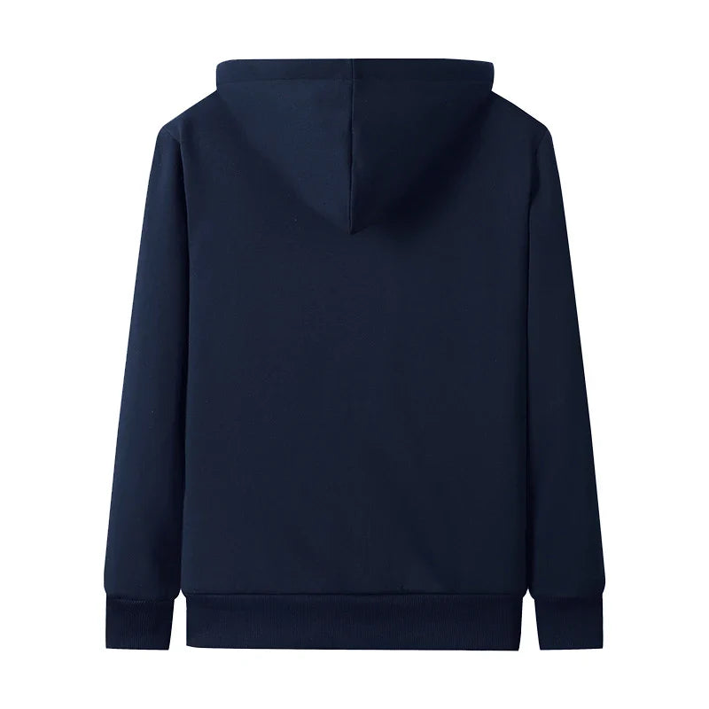 Dunkelblauer Kapuzenpullover, Unisex, Baumwolle, Rückansicht, modisch, bequem, Freizeitkleidung.