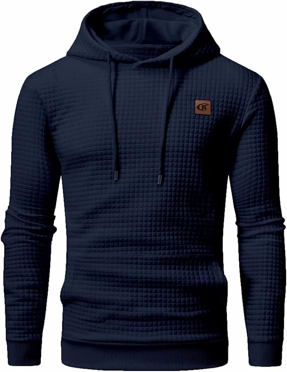 Dunkelblauer Kapuzenpullover für Herren, gesteppter Stoff, modisch, warm, Freizeitkleidung.