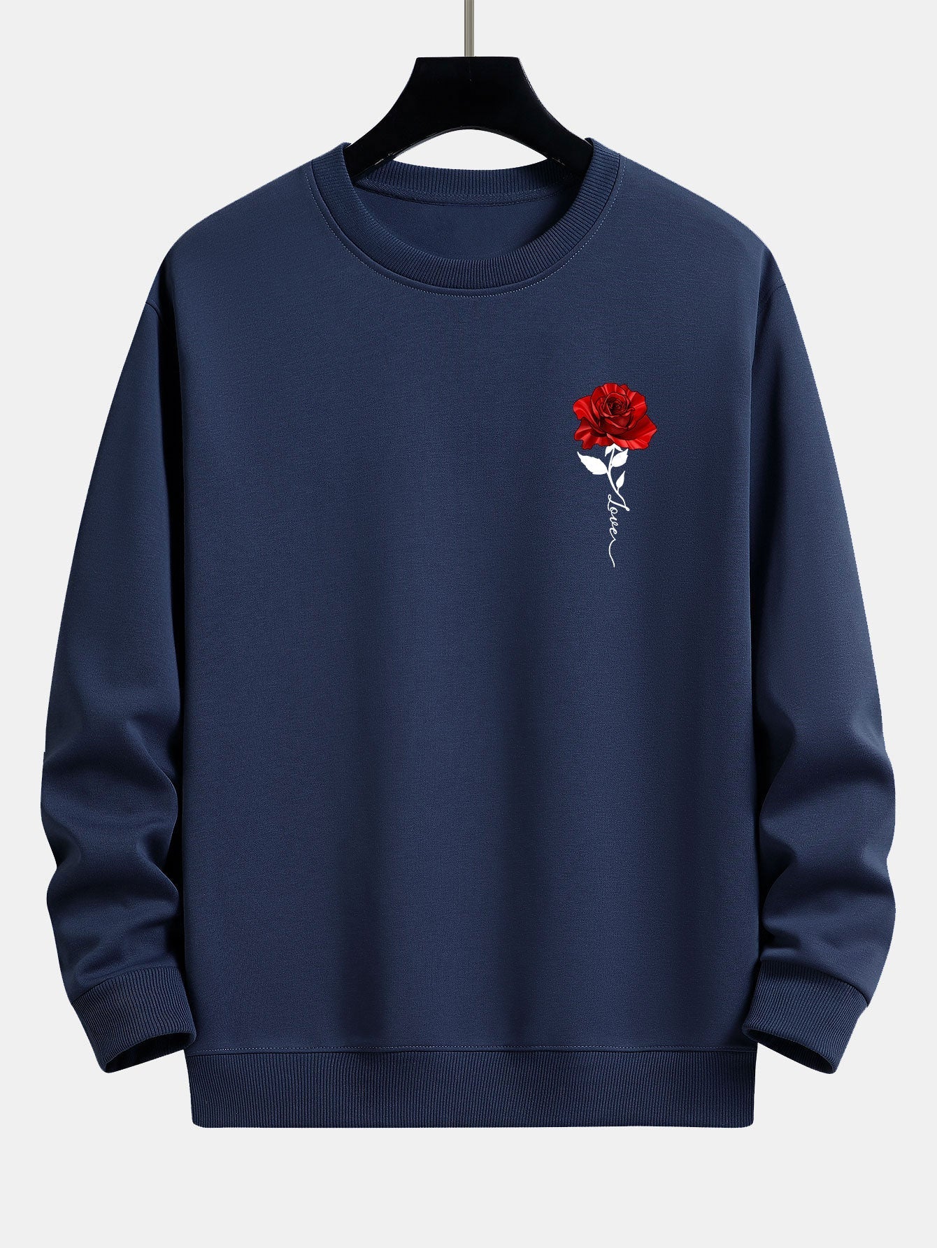 Dunkelblauer Pullover mit roter Rosenstickerei, Unisex, Baumwolle, modisch, bequem.