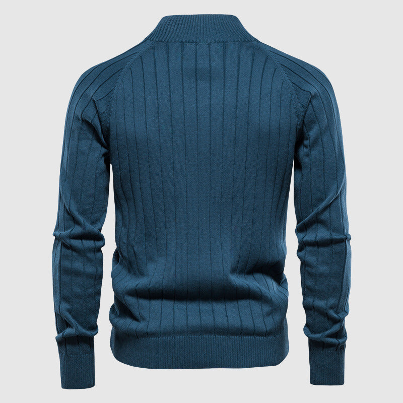 Blauer Herrenpullover, gerippt, Langarm, aus Baumwolle, modisch, bequem, John Wellington.