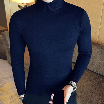 Dunkelblauer Rollkragenpullover Herren, langärmelig, Strick, elegant, modisch, warm.
