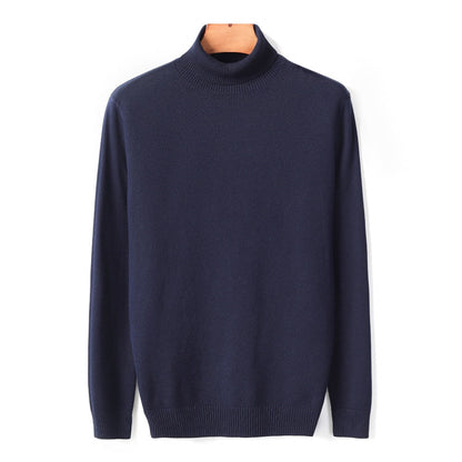 Dunkelblauer Rollkragenpullover aus Baumwolle, Herrenmode, elegant, warm, klassisch.
