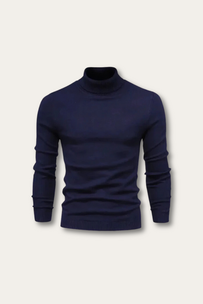 Dunkelblauer Rollkragenpullover Herren, langärmelig, Strick, elegant, modisch, Wintermode.