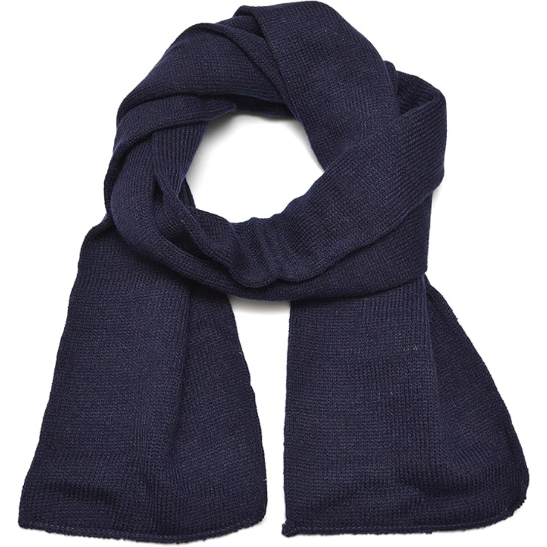 Dunkelblauer Strickschal aus Wolle, warm und stilvoll für den Winter.