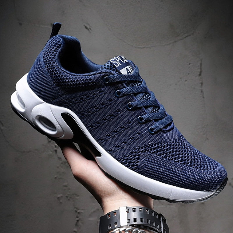 Dunkelblauer Sportschuh, atmungsaktives Mesh, weiße Sohle, Herren Sneaker, modisch.